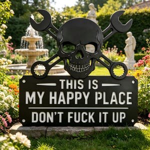 Personalized Custom Greeting Card，Funny Skull Wrench Garden Sign, "This Is My Happy Place" Outdoor Plaque
