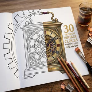 May include: A coloring book page featuring a vintage clock illustration, half-colored in gold and brown tones. The text reads 30 PREMIUM VINTAGE CLOCKS COLORING PAGES FOR ADULTS. Colored pencils and a paintbrush are placed on the page.
