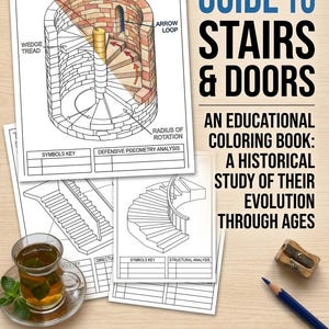 Pode incluir: Um livro de colorir intitulado The Complete Guide to Stairs & Doors com páginas educativas apresentando diagramas arquitetônicos de escadas em espiral medievais e análises estruturais. Inclui um lápis, um apontador e um chá.