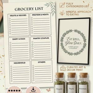 Op de afbeelding: Een keukenorganisatie- en bewuste voedingsbundel. Bevat een boodschappenlijst, een ingelijste kunstdruk met de tekst "Eat Well, Glow Daily" en potjes kruiden. De bundel bevat ook digitale downloads.