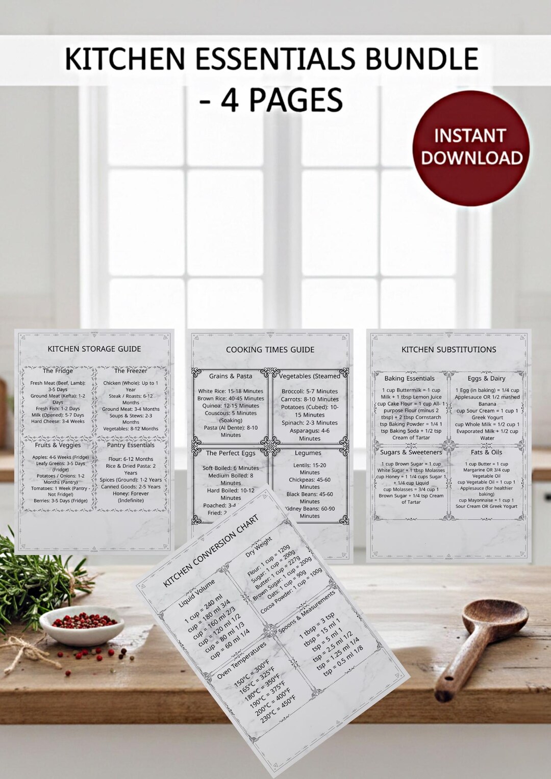 Kitchen Measurement Conversion Chart Bundle: Cooking & Baking Reference ...