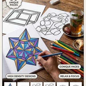 May include: A Geometric Shapes Coloring Book featuring 30 unique pages with high density designs. The cover displays a star-shaped geometric illustration colored in blue, purple, and gold, alongside black and white line art examples.