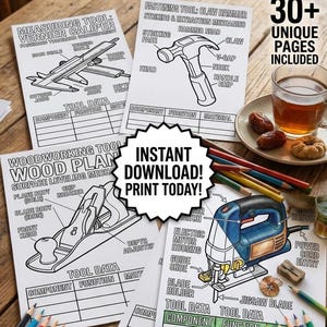 May include: An educational construction and woodworking tools coloring book with 30+ unique pages. The pages feature black and white line drawings of a vernier caliper, claw hammer, wood plane, and jigsaw with labeled parts and tool data tables.