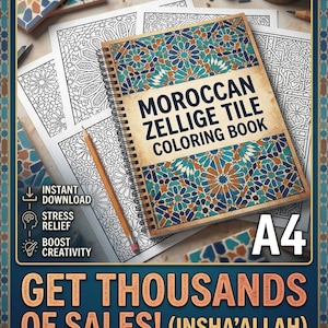 Könnte beinhalten: Ein spiralgebundenes Malbuch mit dem Titel Moroccan Zellige Tile Coloring Book und einem geometrischen Einband in Blau, Türkis und Orange. Das Buch wird mit mehreren schwarz-weißen Linienkunstseiten, einem Holzstift und dem Text A4 gezeigt.