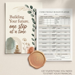 May include: A family weekly budget planner with a watercolor design. The planner includes sections for weekly budget overview, priority bills, and a daily expense tracker. The cover reads "Building Your future, one step at a time."