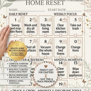 May include: A printable and digital home reset planner with a beige background. The planner includes sections for daily and weekly tasks, such as sweeping, washing dishes, and tidying. The text includes "Clean Home, Clear Mind" and "Empower Your Journey - Instant Downloads."