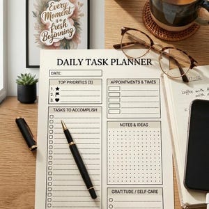 Op de afbeelding: Een dagelijkse taakplanner met secties voor topprioriteiten, afspraken, taken, notities en dankbaarheid. Een zwarte pen, een bril, een koffiemok en een ingelijste print met de tekst "Every Moment is a Fresh Beginning" zijn ook zichtbaar.