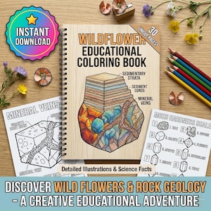May include: A spiral-bound educational coloring book titled Wildflower Educational Coloring Book with a geological illustration of sedimentary strata and mineral veins, accompanied by colored pencils and loose coloring pages.