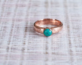 Copper Ring and Turquoise Copper Band Forged And Hammered With 6mm Turquoise Cabochon Rustic Minimalist Mens or Womens  R118