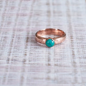 Copper Ring and Turquoise Copper Band Forged And Hammered With 6mm Turquoise Cabochon Rustic Minimalist Mens or Womens  R118