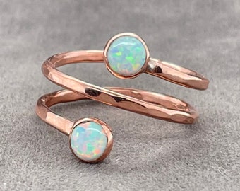 Hammered Copper Ring: Rustic Wire Wrapped Opal Stacking Ring