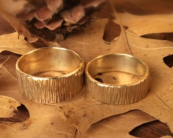 Rings Wedding Set Woodsy Look Hammered Brass Band Rings Rustic His Hers  WRS#100B