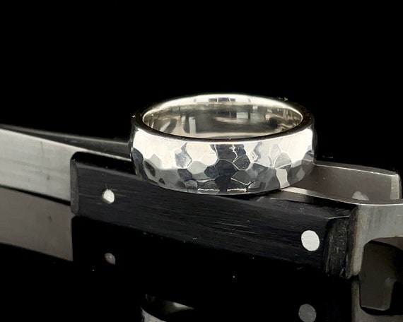 Solid Silver Ring Wide Chunky Hammered Domed Profile Rustic Minimalist Wedding Men or Women Size 10-1/2
