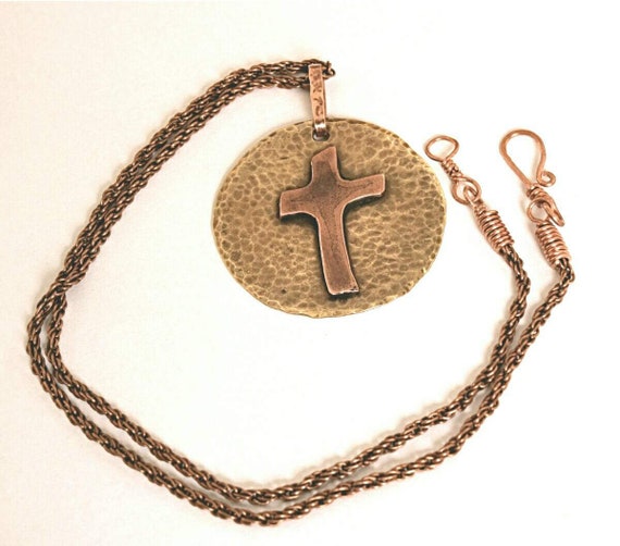 Pendent 1-1/4 Diameter, Antiqued Bronze Rope Chain 19" Copper and Brass Hammered and Etched Texture #P-100