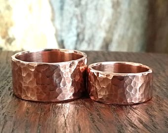 Rings Wedding Set Hammered Copper Band Rings Rustic Minimalist His Hers 7th Anniversary WRS#104