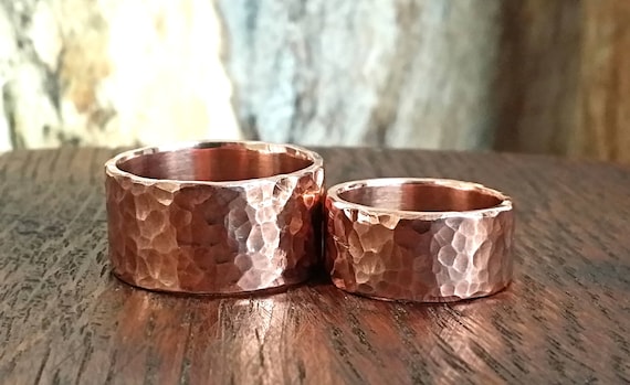 Rings Wedding Set Hammered Copper Band Rings Rustic Minimalist His Hers 7th Anniversary WRS#104