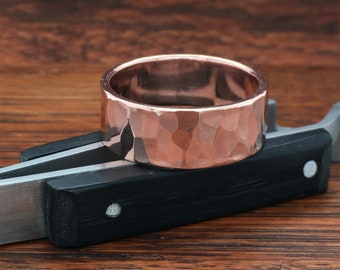 Copper Chunky Style Hammered Ring Rustic Minimalist Men or Women, 7th Anniversary, Wedding R103
