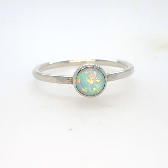 Sterling Silver and Opal Stacking Ring Hammered Silver Wire Rustic Minimalist Woman, Birthday Gift R129