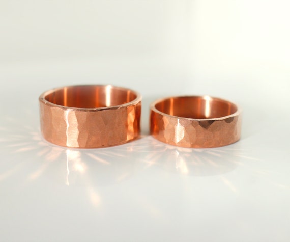 Rings Wedding Set Forged Hammered Copper Band Rings Rustic Minimalist His Hers 7th Anniversary WRS 101