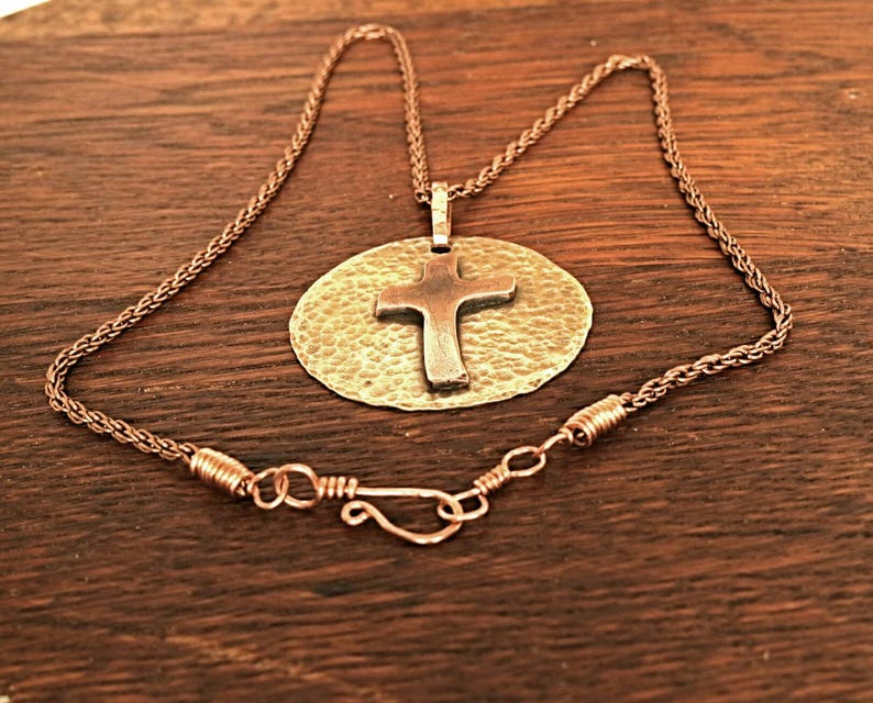 Pendent 1-1/4 Diameter, Antiqued Bronze Rope Chain 19 Copper and Brass Hammered and Etched Texture P-100 image 3