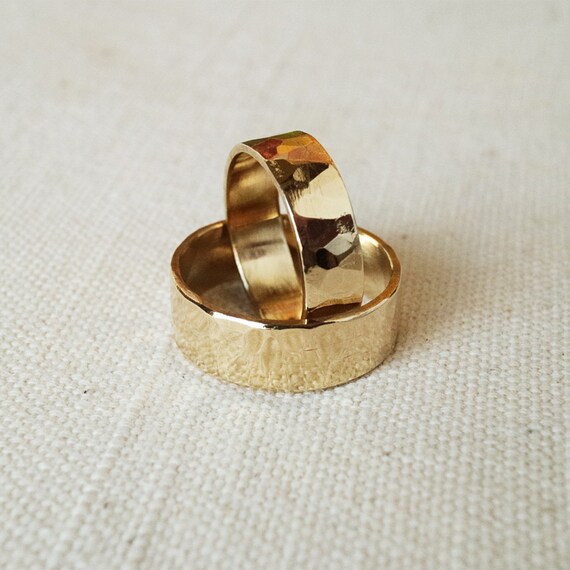 Rings Wedding Set Shiny Hammered Brass Band Rings Rustic His Hers  WRS#101B