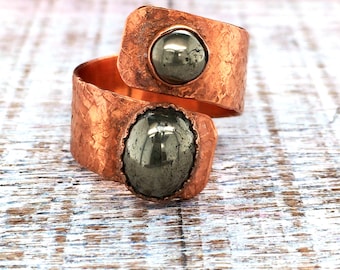 Copper Bypass Ring With Two Pyrite Cabochons Rustic Minimalist Size 8 Adjustable Men or Women