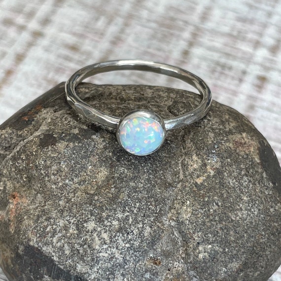Sterling Silver and Opal Stacking Ring Hammered Silver Wire Rustic Minimalist Woman, Birthday Gift R129