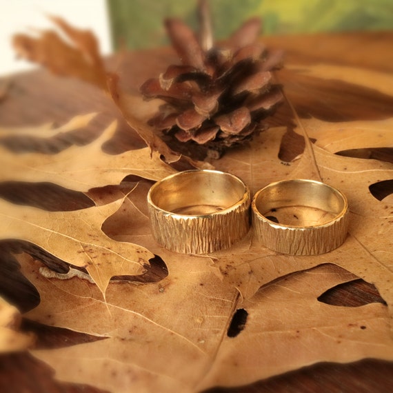 Rings Wedding Set Woodsy Look Hammered Brass Band Rings Rustic His Hers  WRS#100B