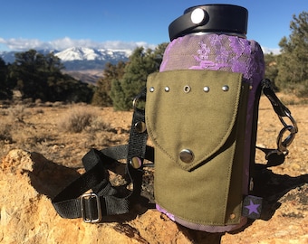 LACE Insulated Water Bottle holder, carrier, bag, tote, cozy, sling, with phone pocket, Drink holder, Hiking Bag, cross body. JarStar