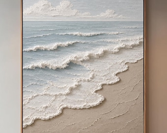 Verticale 3D oceaanmuurkunst voor woonkamer, getextureerde strandgolfdoek, kustdecor