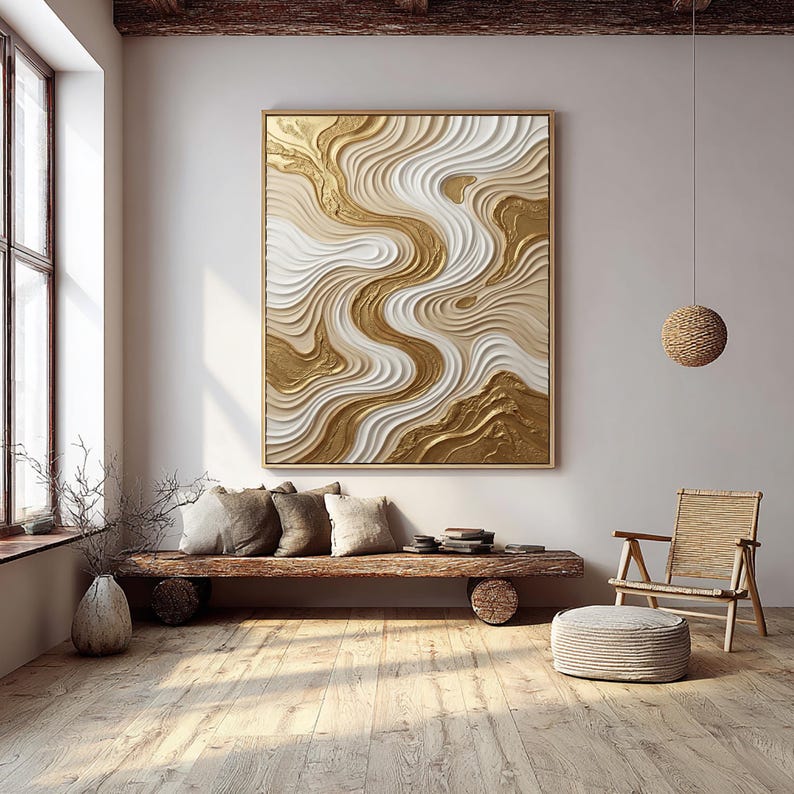 Gold Textured Wall Art for Living Room, Vertical 3D Abstract Flow ...