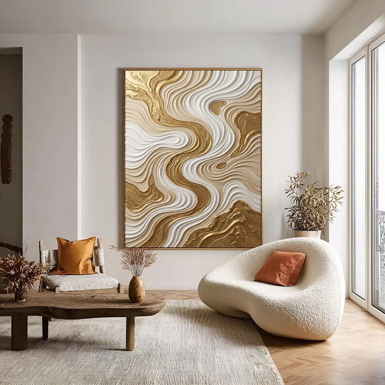 Gold Textured Wall Art for Living Room, Vertical 3D Abstract Flow ...