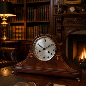 May include: A dark brown wooden mantel clock with a circular silver face, black Arabic numerals, and black hands. The clock features a curved top, a wide base with decorative gold-toned inlay accents, and two small winding holes on the face.