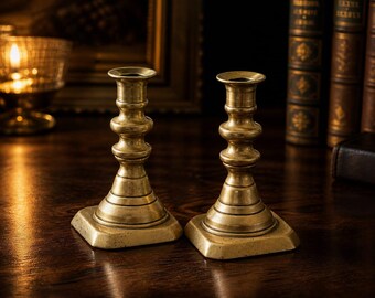 Vintage Brass Candlestick Holders Pair, Mini Taper Candle Holders, Aged Patina Brass, Small Square Base, Old Money Home Decor