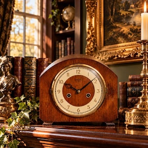 May include: A wooden mantel clock with an arched top, a circular cream-colored face, and a brass bezel. The clock features black Arabic numerals, two black hands, and the text Smiths Enfield printed in the center of the dial.