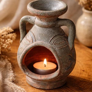 May include: A gray, weathered ceramic oil burner with two side handles and a wide, circular opening at the front. The vessel features a textured, rustic surface with subtle etched patterns and contains a small, lit white tea light candle.