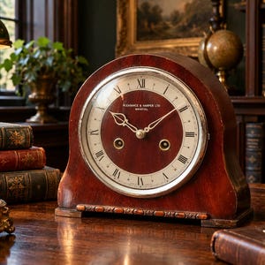 May include: A mahogany-finished mantel clock with an arched top and a circular face featuring Roman numerals. The dial displays the text Pleasance & Harper Ltd Bristol. It has two winding holes and ornate metal hands behind a glass cover.