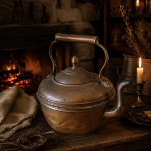 May include: A vintage copper kettle with a rounded body, a curved spout, and a hinged handle. The metal surface shows a weathered patina with subtle indentations and a central lid featuring a small, rounded finial knob on the top centre.