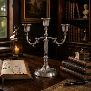 Vintage trearmad silverfärgad kandelaber tung metall ljusstake mörk Academia dekor traditionell mantelstycke