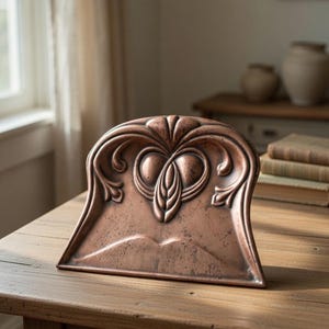 May include: A copper-coloured metal dustpan featuring an embossed, symmetrical floral-inspired design on its back panel. The surface displays a weathered, slightly tarnished finish with a curved top edge and a flat, wide base for collection.