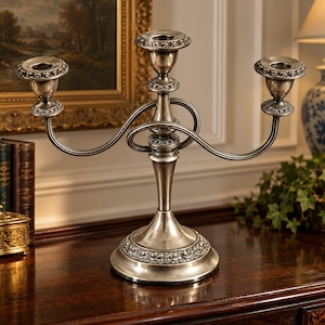 May include: A silver-toned metal candelabra featuring three candle holders with circular, beaded detailing along the rims and base. The central stem supports two curved arms that extend outward, each ending in a matching candle cup.