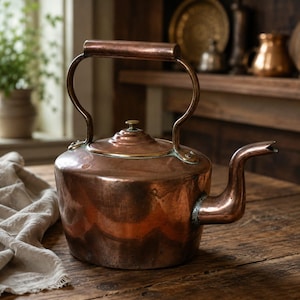 May include: A vintage copper kettle with a curved spout and a handle. The kettle has a round body and a lid with a small knob. It sits on a wooden surface. The background includes a window, a plant, and other copper items.