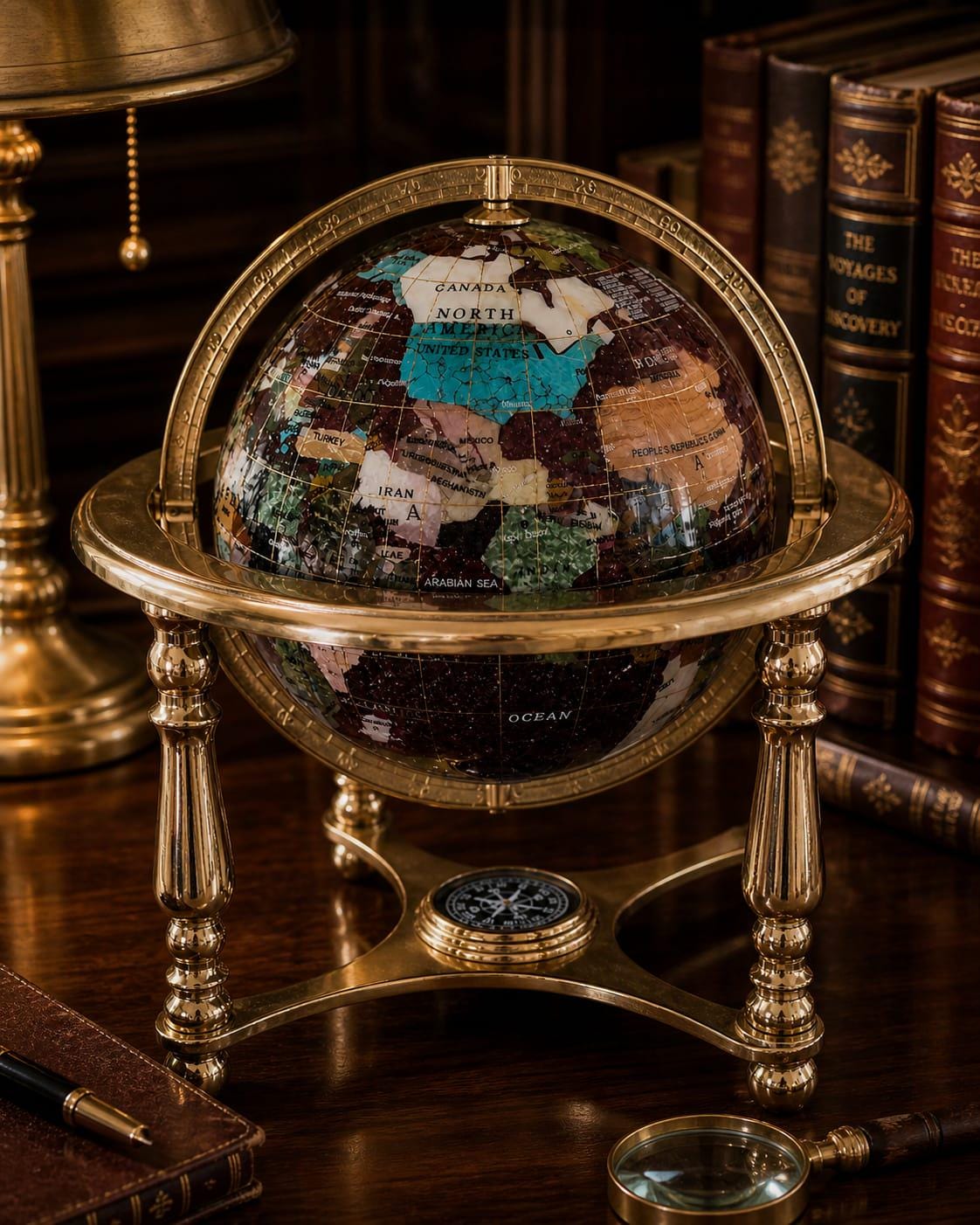 Luxury Gemstone Globe 6” Brass Stand With Compass Vintage Semi