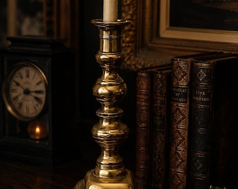 Vintage Brass Candlestick Holder Heavy Square Base Old English Mantel Candle Holder Dark Academia Decor