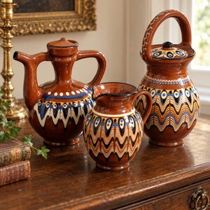 May include: Three brown glazed ceramic vessels featuring intricate hand-painted patterns in blue, white, and yellow. The collection includes a lidded teapot with a side handle, a small pitcher with a pouring spout, and a lidded jar with a top handle.