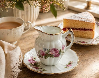 Vintage Floral Creamer with Saucer, Rose China Milk Jug, Cottagecore Tea Set, Shabby Chic Kitchen Decor, Gift for Her