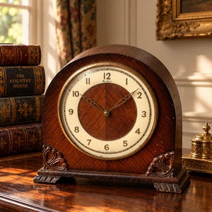 May include: A dark brown wooden mantel clock with an arched top and a circular face. The clock features a cream-coloured dial with black Arabic numerals, gold-toned hands, and the text Bentima printed near the twelve o'clock position.