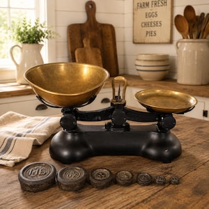 Peut inclure: Une balance à plateaux en fonte noire avec deux coupelles en laiton, accompagnée d'un ensemble de sept poids en fer gradués, marqués en onces de 1 lb à 1/4 oz, alignés sur une surface en bois devant la base de la balance.