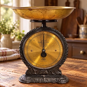 May include: A vintage Salter Family Scale No. 45 with a dark, ornate cast iron base and a large, circular brass dial face. The scale features a wide, shallow brass weighing bowl on top and displays measurements in both pounds and kilograms.