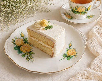 Vintage Bone China Cake Plate White Gold England, Yellow Rose Floral Dessert Plate, Cottagecore Tea Party, Wedding Gift, Serving Plate